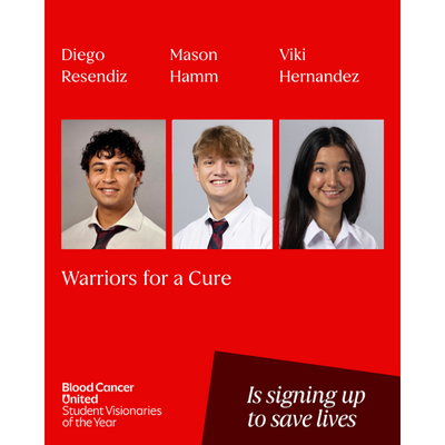 Headshot of Austin, Texas Student Visionaries of the Year candidates Diego Resendiz, Mason Hamm, and Viki Hernandez of team Warriors for a Cure.