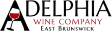 black and red letters spelling Adelphia Wine Company East Brunswick. Glass of red wine is in the logo too